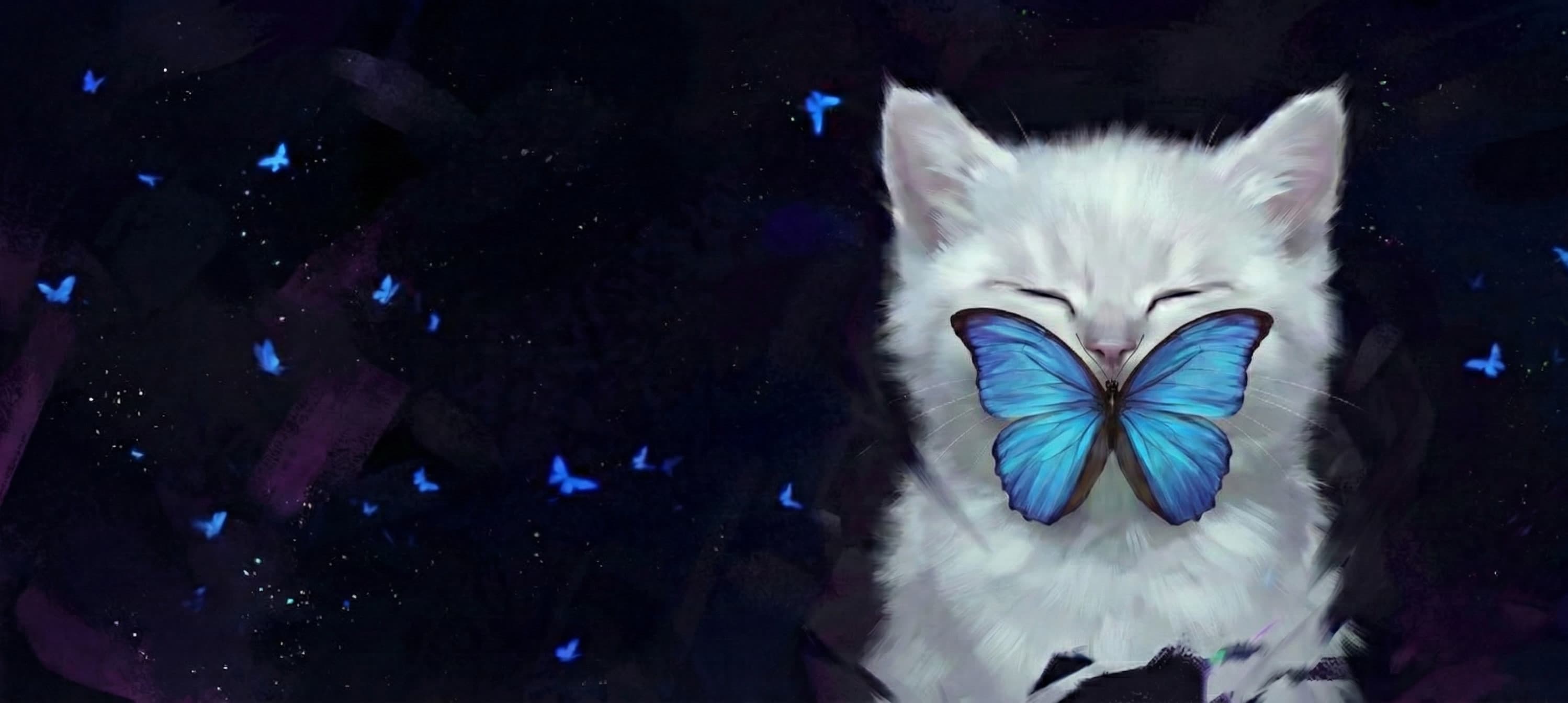 White cat with closed eyes and a blue butterfly on the nose, creating a delicate and dreamy scene.